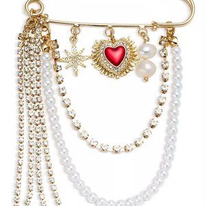 Bloomingdale's Golden Brooch Pin with Faux Pearl Chain NEW